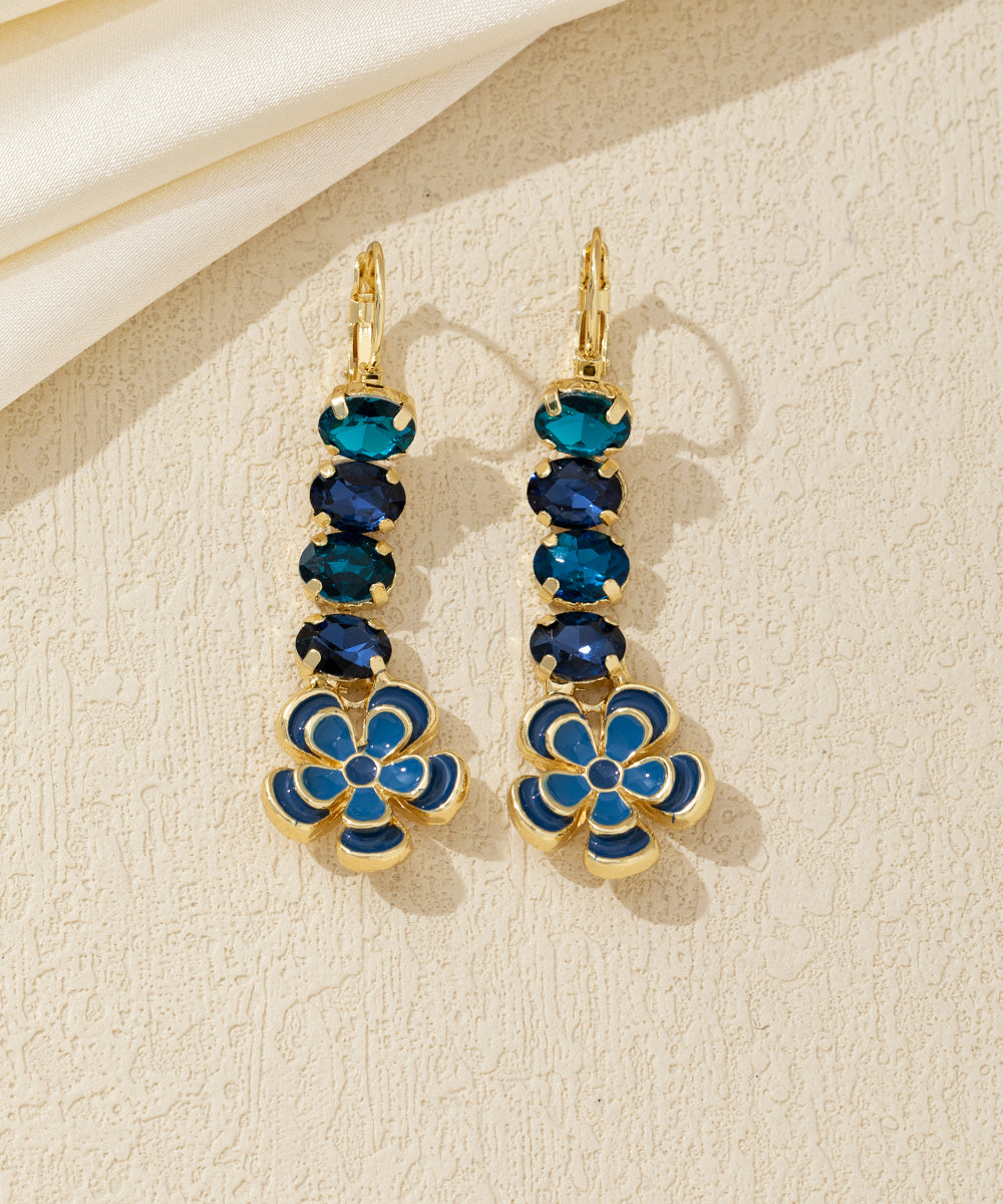 Boucles d’oreilles pendantes fleur émaillée et strass Dormeuse – 26AHBOL067