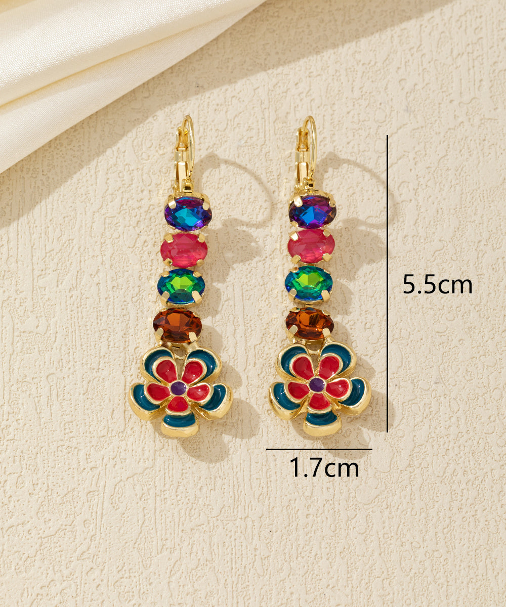 Boucles d’oreilles pendantes fleur émaillée et strass Dormeuse – 26AHBOL067