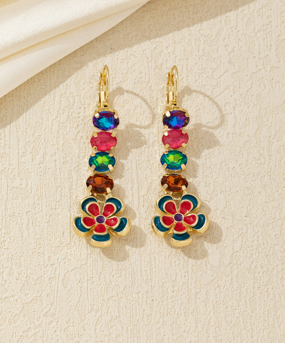 Boucles d’oreilles pendantes fleur émaillée et strass Dormeuse – 26AHBOL067
