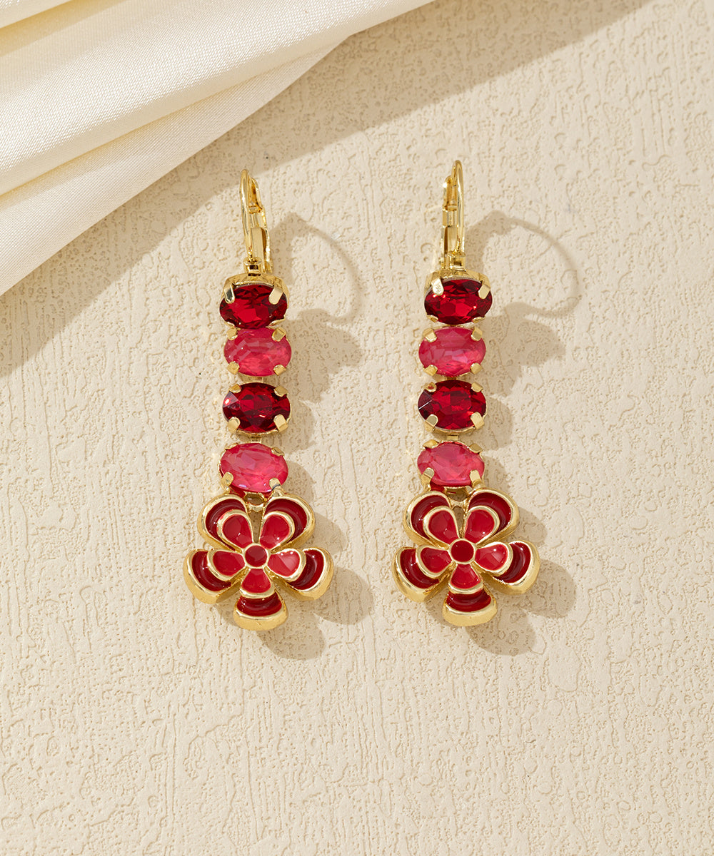 Boucles d’oreilles pendantes fleur émaillée et strass Dormeuse – 26AHBOL067