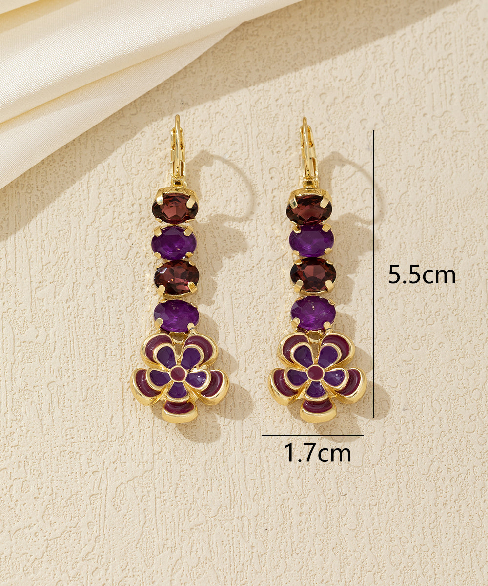 Boucles d’oreilles pendantes fleur émaillée et strass Dormeuse – 26AHBOL067