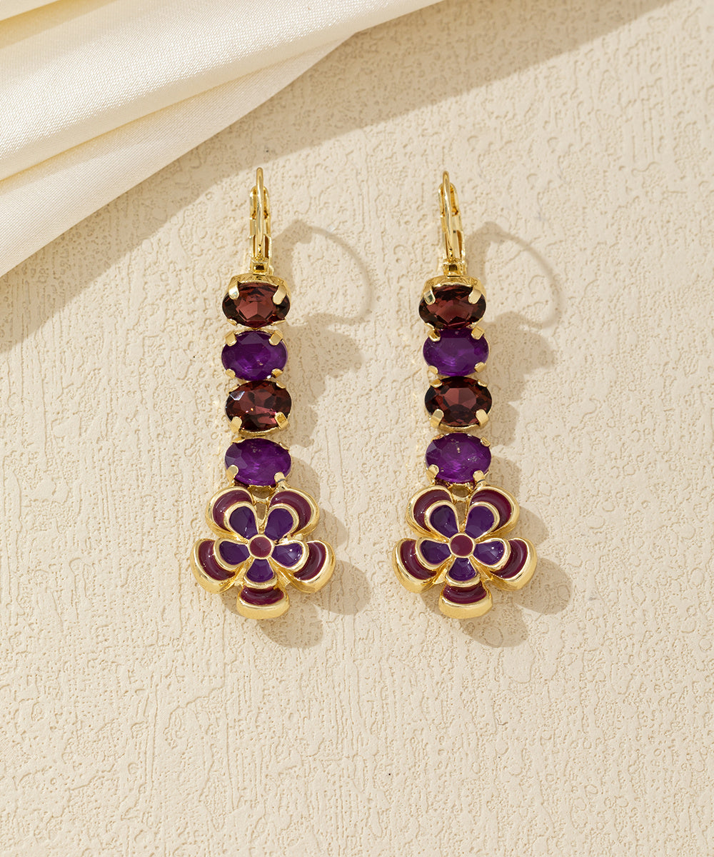 Boucles d’oreilles pendantes fleur émaillée et strass Dormeuse – 26AHBOL067
