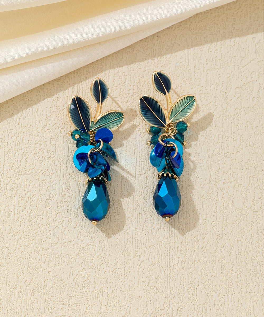 Boucles d’oreilles pendantes feuillage et goutte perlée Clou  – 26AHBOL070