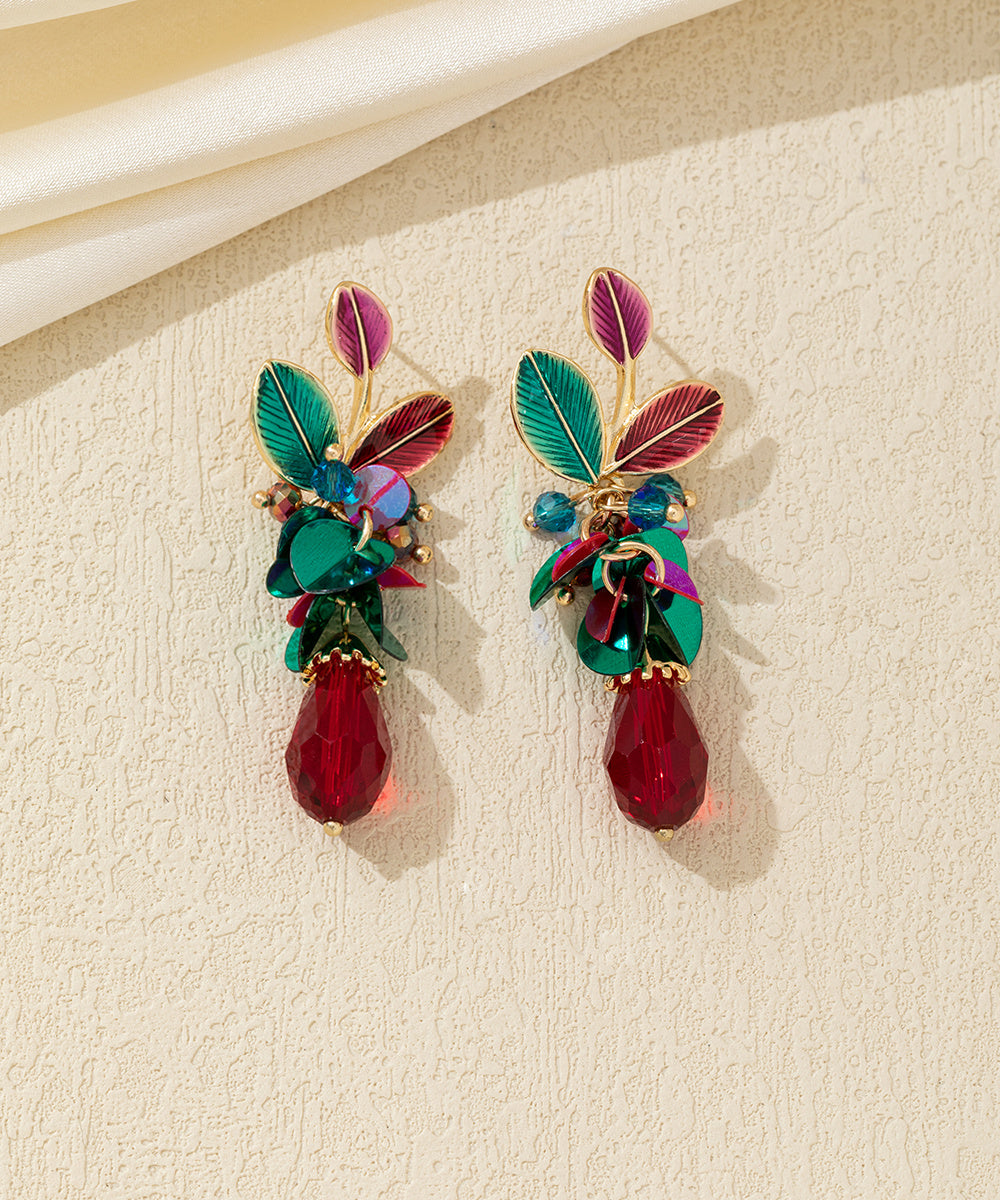 Boucles d’oreilles pendantes feuillage et goutte perlée Clou  – 26AHBOL070