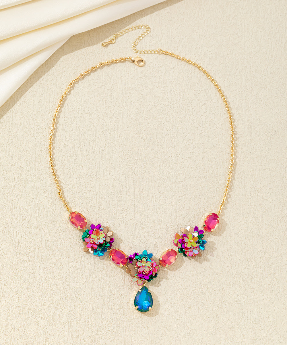 Collier fleurs sequins & verre goutte – 26AHCC001