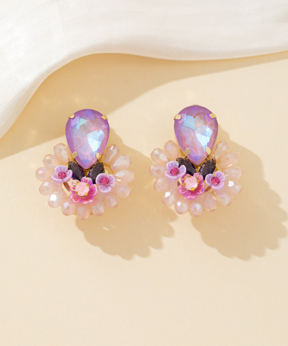 Boucles d’oreilles clips fleur strass & perles – 26PEBOL037